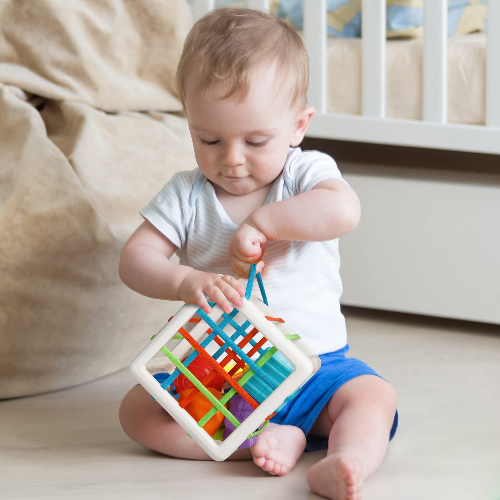 Aprilwolf Montessori Shape Sorting Cube - 6 Sensory Blocks for Toddlers 1-3 Years
