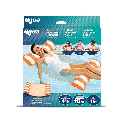 Aqua Leisure 4-in-1 Monterey Hammock Pool Float – Orange/White Stripe, Non-Stick PVC, Easy Entry for Adults
