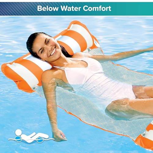 Aqua Leisure 4-in-1 Monterey Hammock Pool Float – Orange/White Stripe, Non-Stick PVC, Easy Entry for Adults