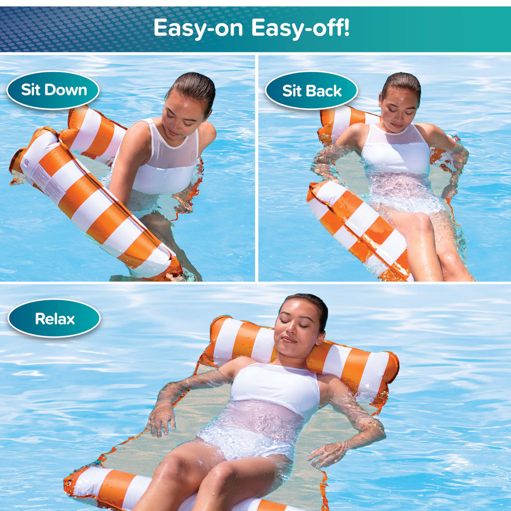Aqua Leisure 4-in-1 Monterey Hammock Pool Float – Orange/White Stripe, Non-Stick PVC, Easy Entry for Adults