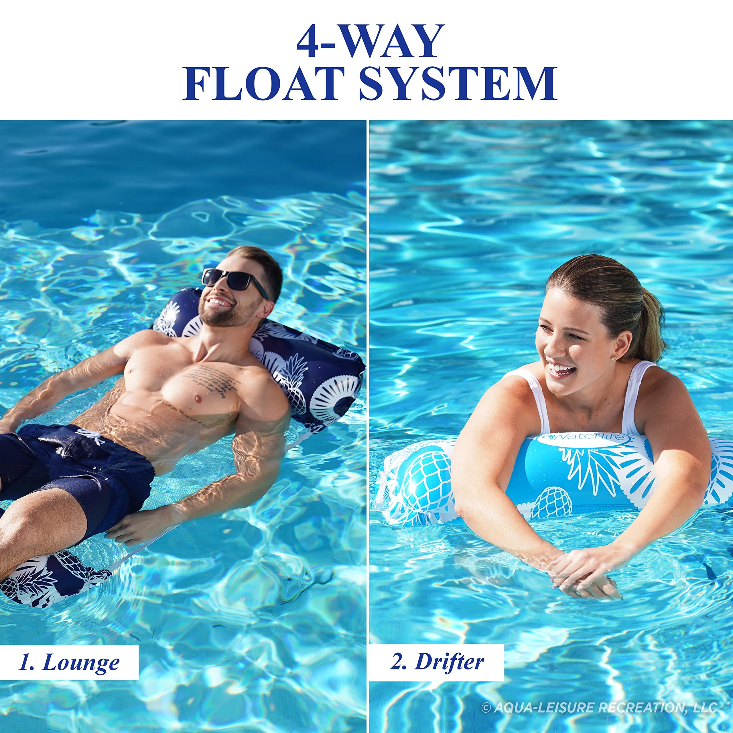 Aqua LEISURE Waterlife 4-in-1 Pool Hammock - 2-Pack, Inflatable Chair Float, Navy & Blue