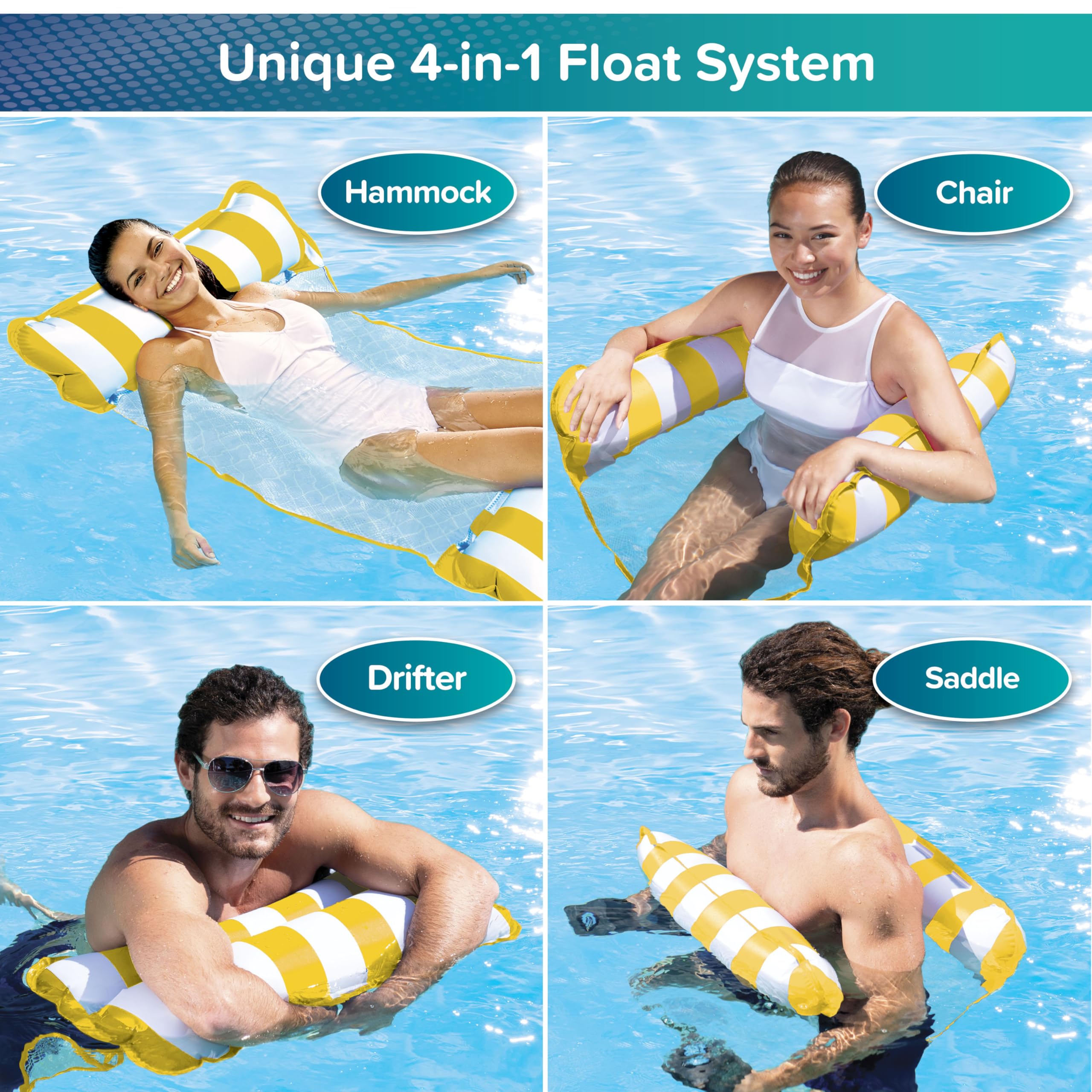 Aqua Original 4-in-1 Monterey Hammock Pool Float – Golden Sunshine, 44x26 inch, Non-Stick PVC, 250 lb Capacity