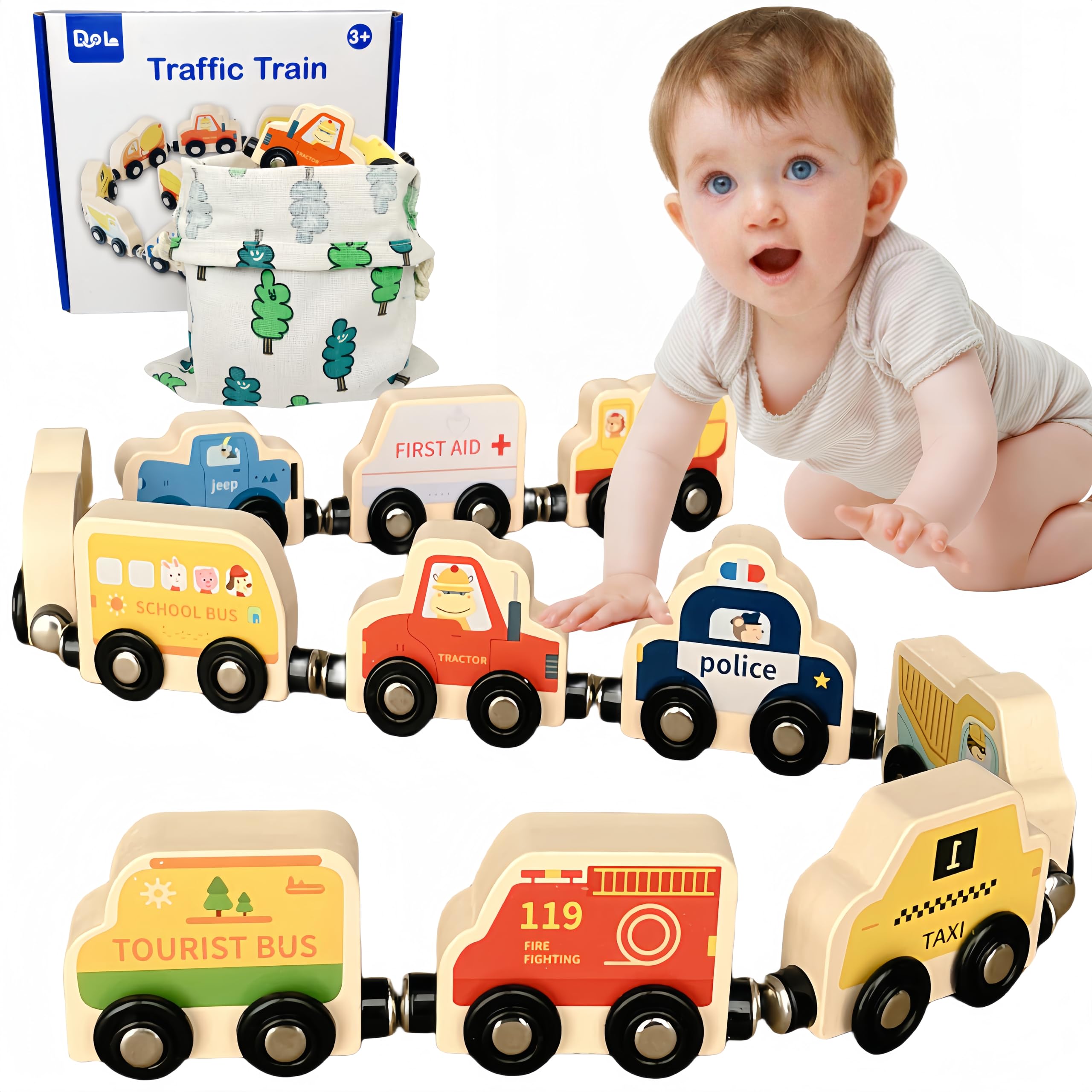AquaArcc Wooden Magnetic Train Set – 11-Piece Montessori Toy for Toddlers 1-3 with Storage Bag