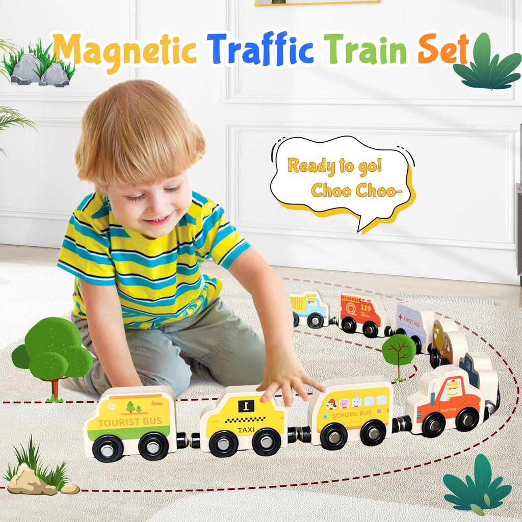 AquaArcc Wooden Magnetic Train Set – 11-Piece Montessori Toy for Toddlers 1-3 with Storage Bag