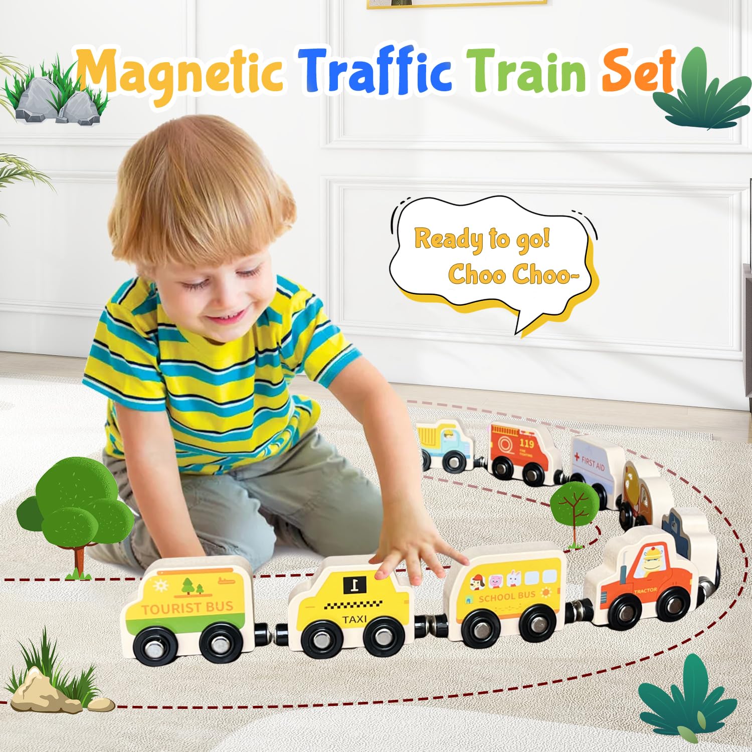 AquaArcc Wooden Magnetic Train Set – 11-Piece Montessori Toy for Toddlers 1-3 with Storage Bag
