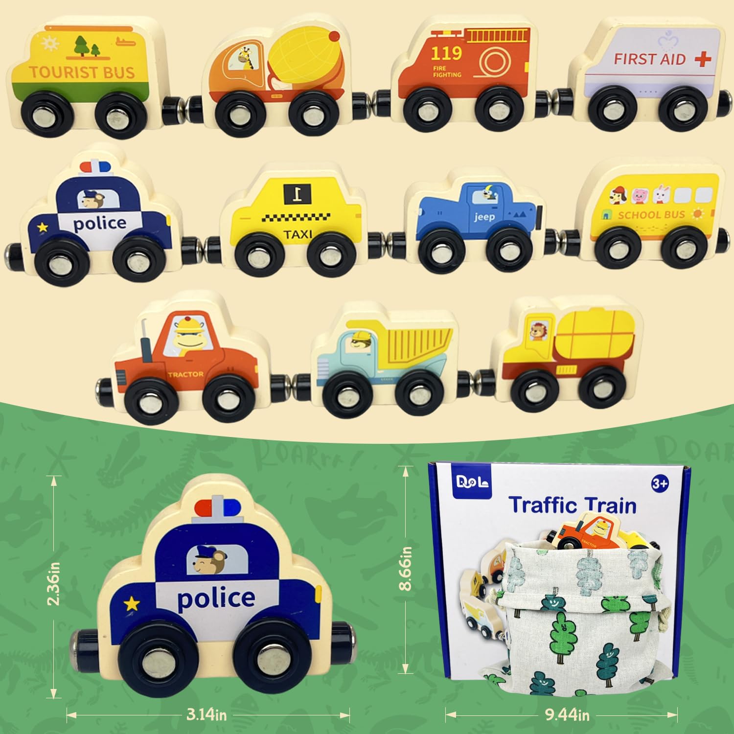 AquaArcc Wooden Magnetic Train Set – 11-Piece Montessori Toy for Toddlers 1-3 with Storage Bag
