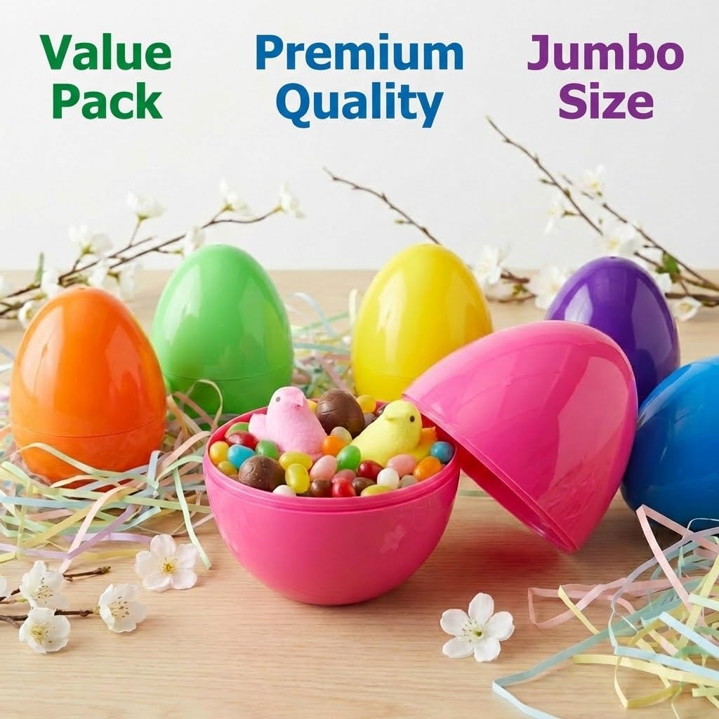 AquaHood 12-Pack Jumbo 7-Inch Fillable Plastic Easter Eggs – Bright Multicolor, Non-Transparent, for Hunts & Party Favors