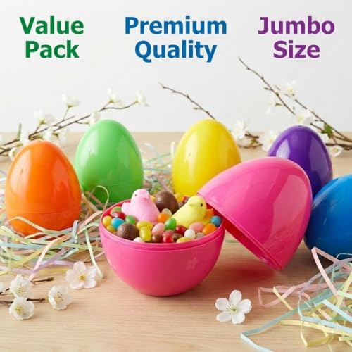 AquaHood 12-Pack Jumbo 7-Inch Fillable Plastic Easter Eggs – Bright Multicolor, Non-Transparent, for Hunts & Party Favors