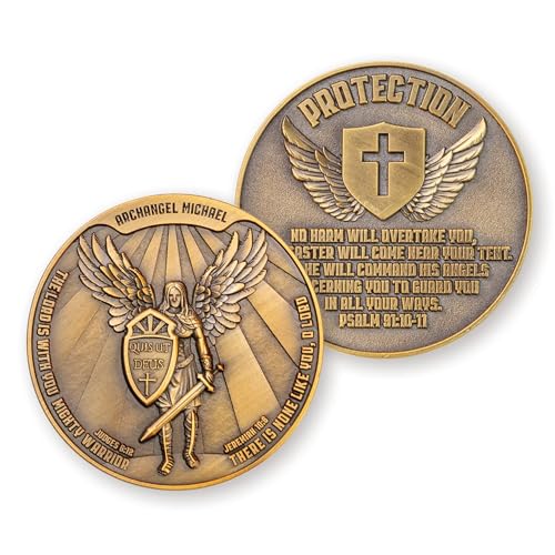 Archangel Saint Michael Challenge Coin – 1.75" Antique Gold Plated Quis Ut Deus Prayer Token