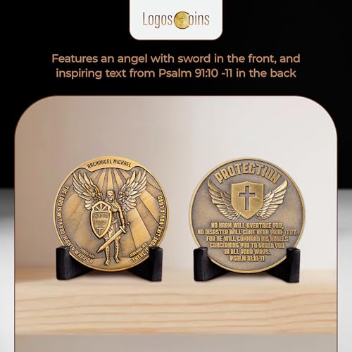 Archangel Saint Michael Challenge Coin – 1.75" Antique Gold Plated Quis Ut Deus Prayer Token