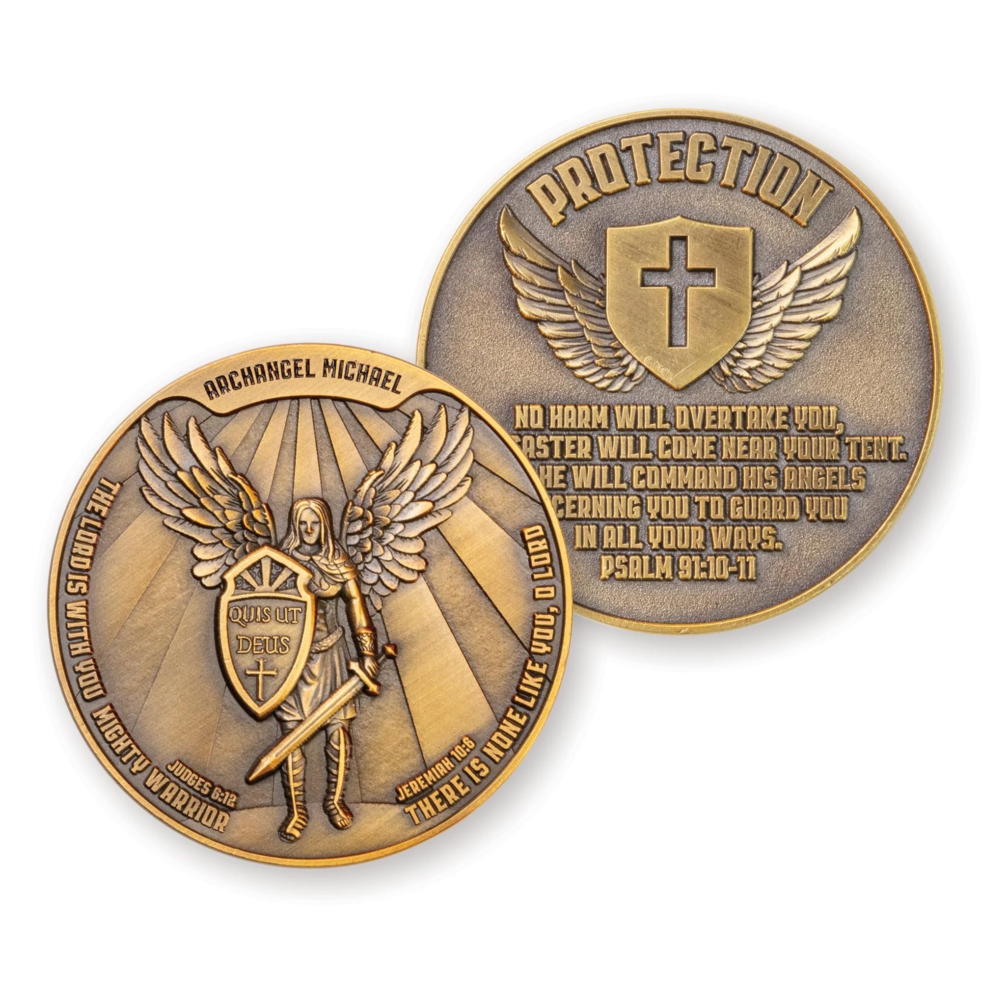 Archangel Saint Michael Challenge Coin – 1.75" Antique Gold Plated Quis Ut Deus Prayer Token