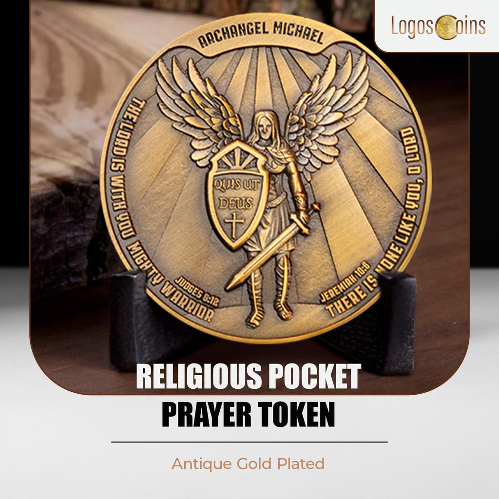 Archangel Saint Michael Challenge Coin – 1.75" Antique Gold Plated Quis Ut Deus Prayer Token