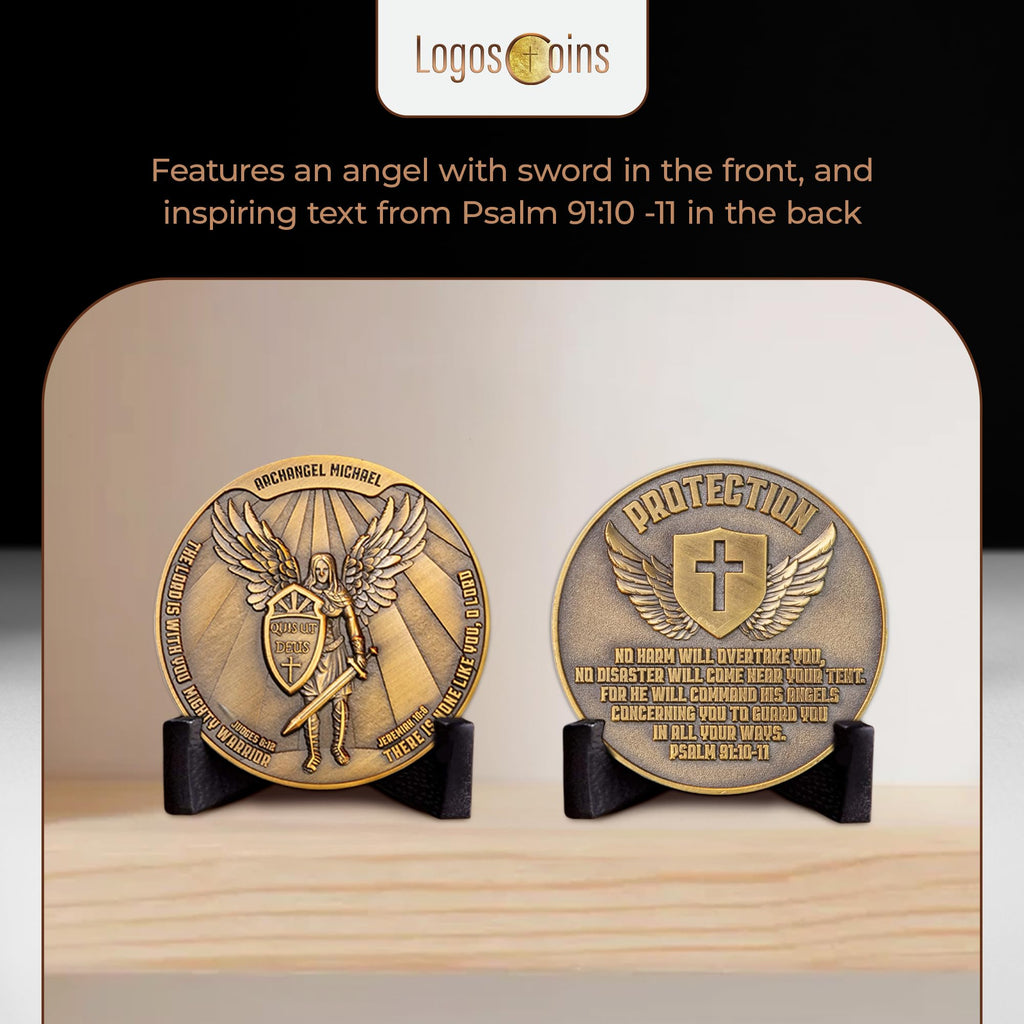 Archangel Saint Michael Challenge Coin – 1.75" Antique Gold Plated Quis Ut Deus Prayer Token