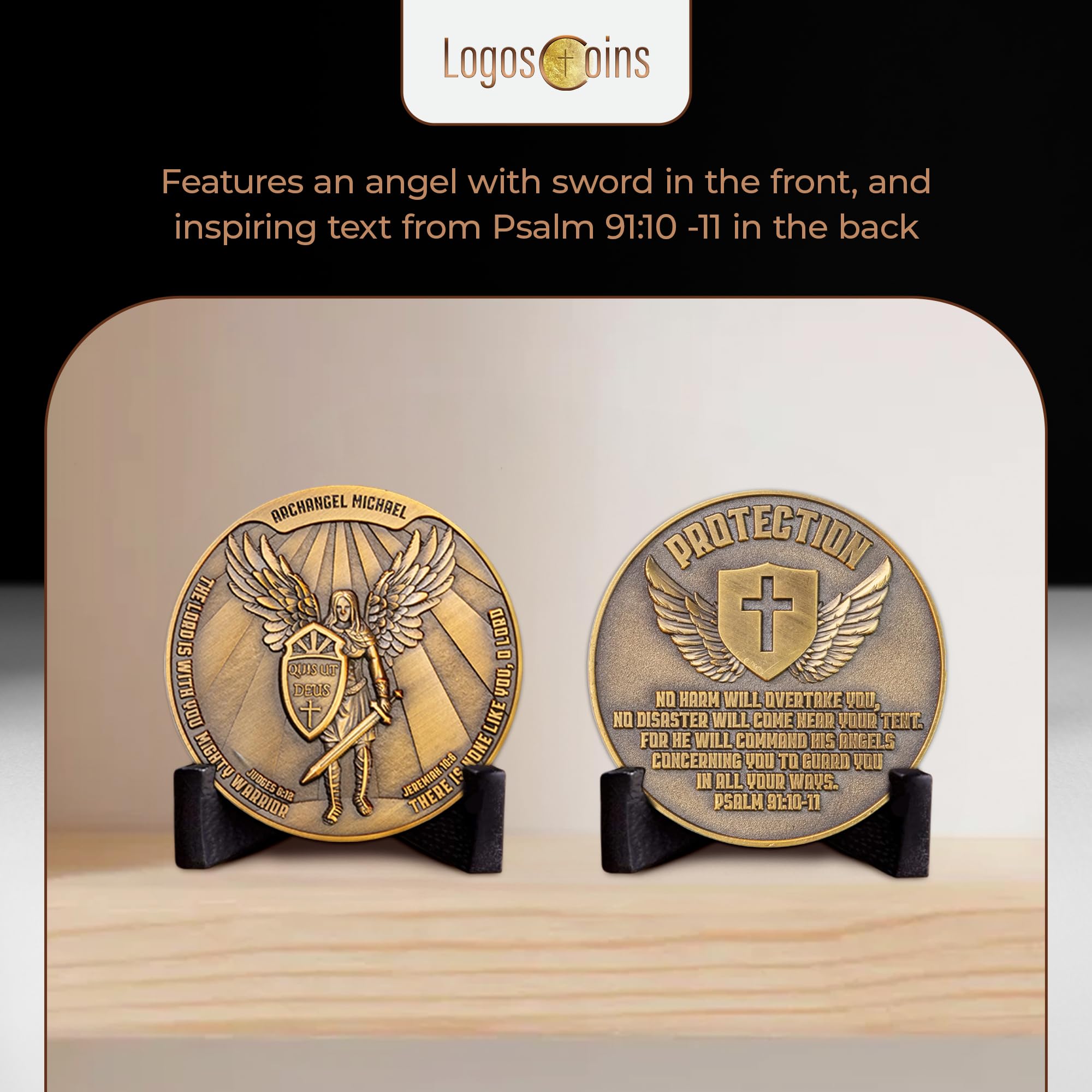 Archangel Saint Michael Challenge Coin – 1.75" Antique Gold Plated Quis Ut Deus Prayer Token