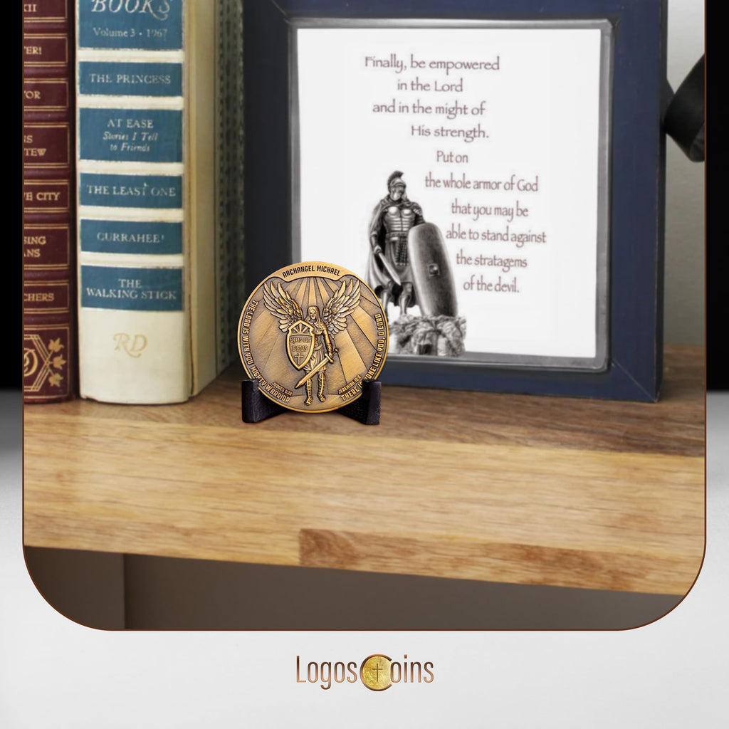 Archangel Saint Michael Challenge Coin – 1.75" Antique Gold Plated Quis Ut Deus Prayer Token