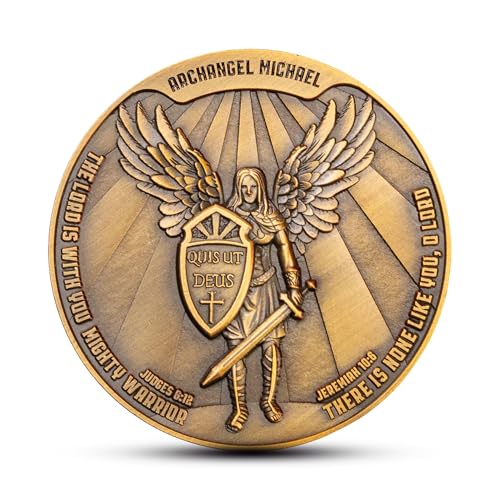 Archangel Saint Michael Challenge Coin – 1.75" Antique Gold Plated Quis Ut Deus Prayer Token