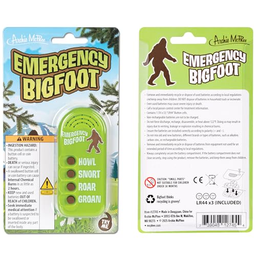 Archie McPhee Emergency Bigfoot Sound Maker – 4 Sasquatch Noises, Handheld 3.5" Device for Camping Pranks