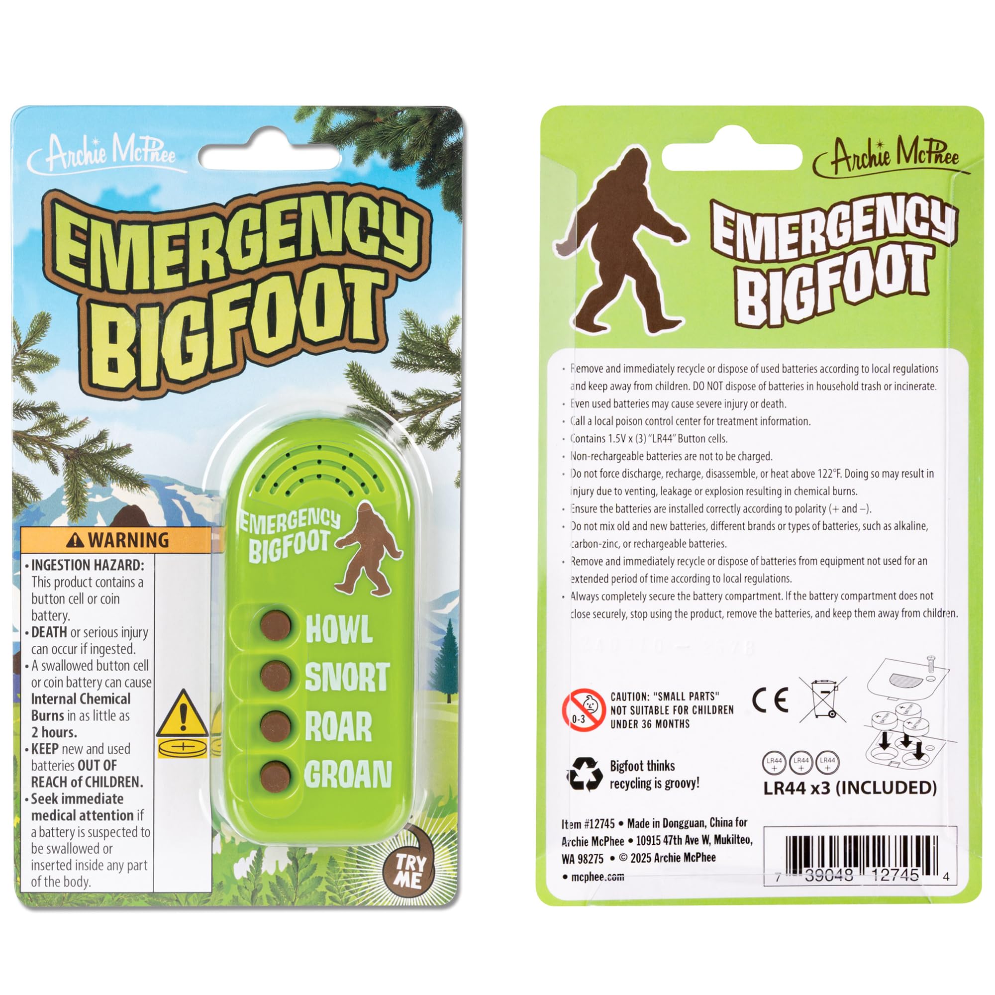 Archie McPhee Emergency Bigfoot Sound Maker – 4 Sasquatch Noises, Handheld 3.5" Device for Camping Pranks