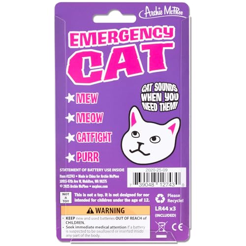 Archie McPhee Emergency Cat Sound Maker – 4 Cat Sounds, 3.5-Inch Handheld, Battery-Powered