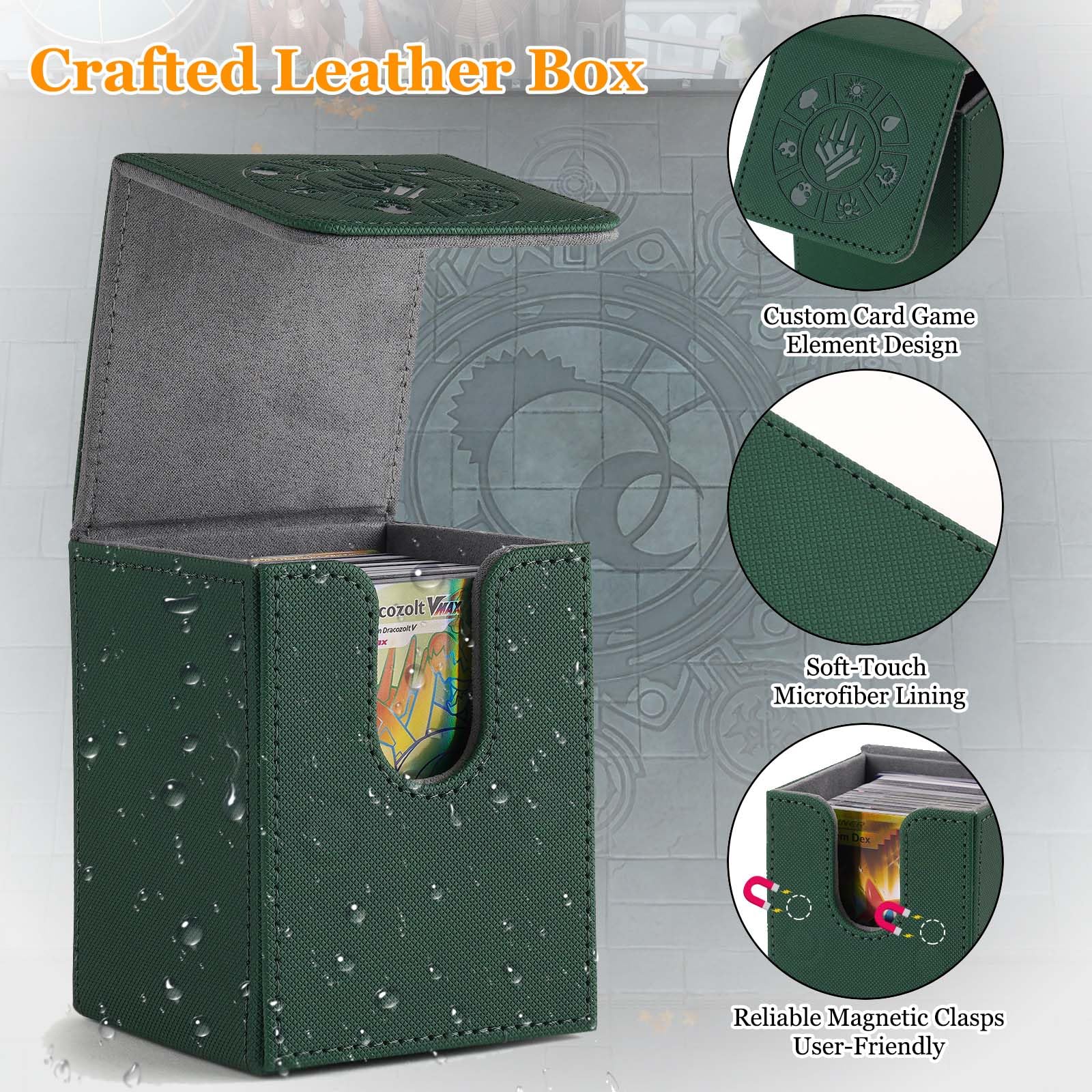 Arkeiliy Green Faux Leather Card Deck Box – Holds 110+ Sleeved Cards with 50 Sleeves