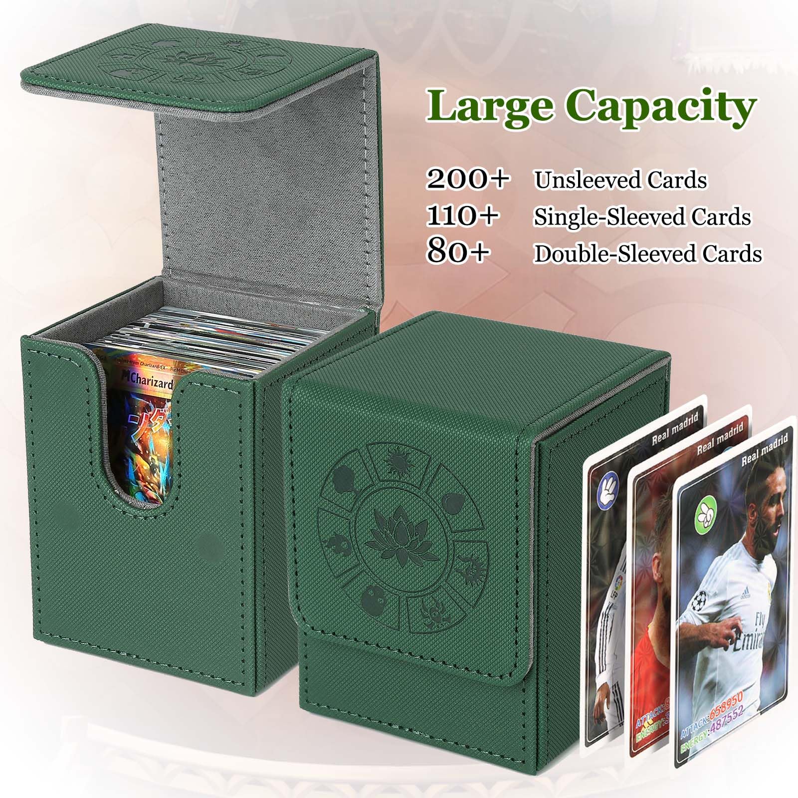 Arkeiliy Green MTG Deck Box – 110+ Card Storage with 50 Sleeves, Faux Leather Magnetic Case for Commander and Trading Cards