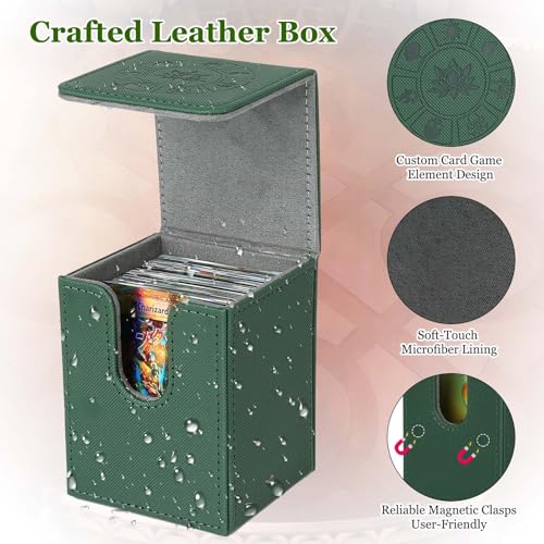 Arkeiliy Green MTG Deck Box – 110+ Card Storage with 50 Sleeves, Faux Leather Magnetic Case for Commander and Trading Cards