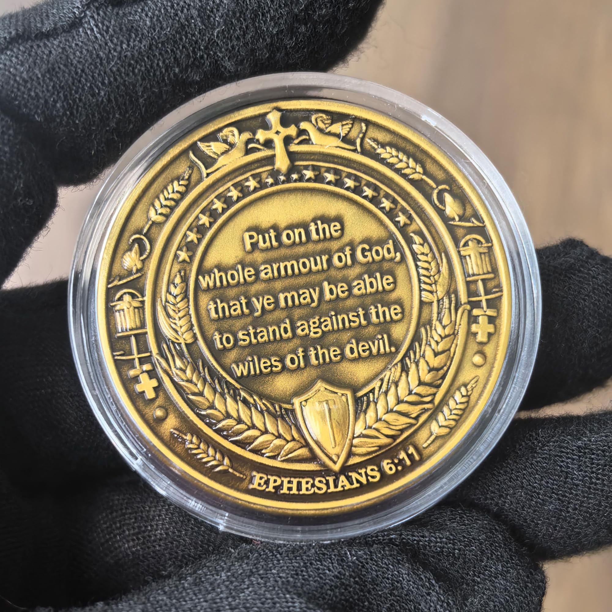 Armor of God Christian Challenge Coin - Ephesians 6:11 - Single Coin with Protective Case
