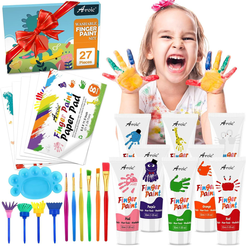 AROIC 27-Piece Washable Finger Paint Set: 8 Colors, Paper, Brushes & Sponges for Kids