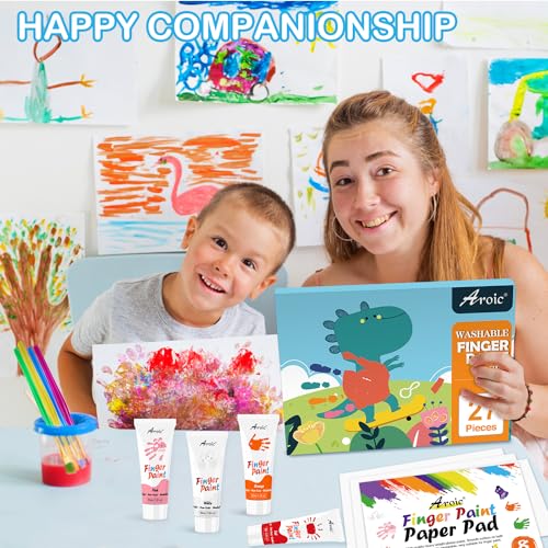 AROIC 27-Piece Washable Finger Paint Set: 8 Colors, Paper, Brushes & Sponges for Kids