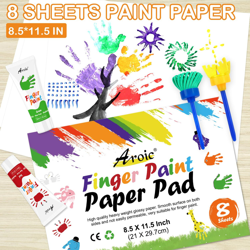AROIC 27-Piece Washable Finger Paint Set: 8 Colors, Paper, Brushes & Sponges for Kids