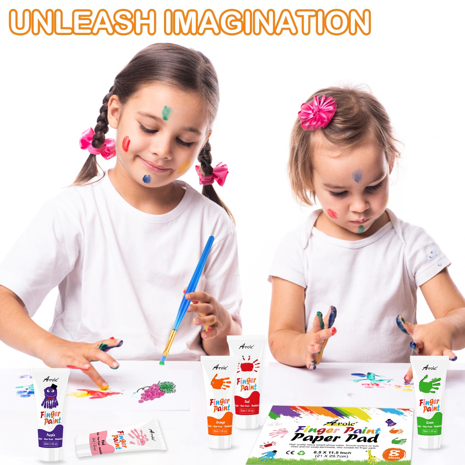 AROIC 27-Piece Washable Finger Paint Set: 8 Colors, Paper, Brushes & Sponges for Kids