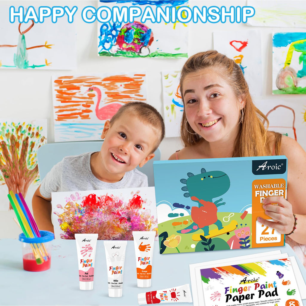 AROIC 27-Piece Washable Finger Paint Set: 8 Colors, Paper, Brushes & Sponges for Kids