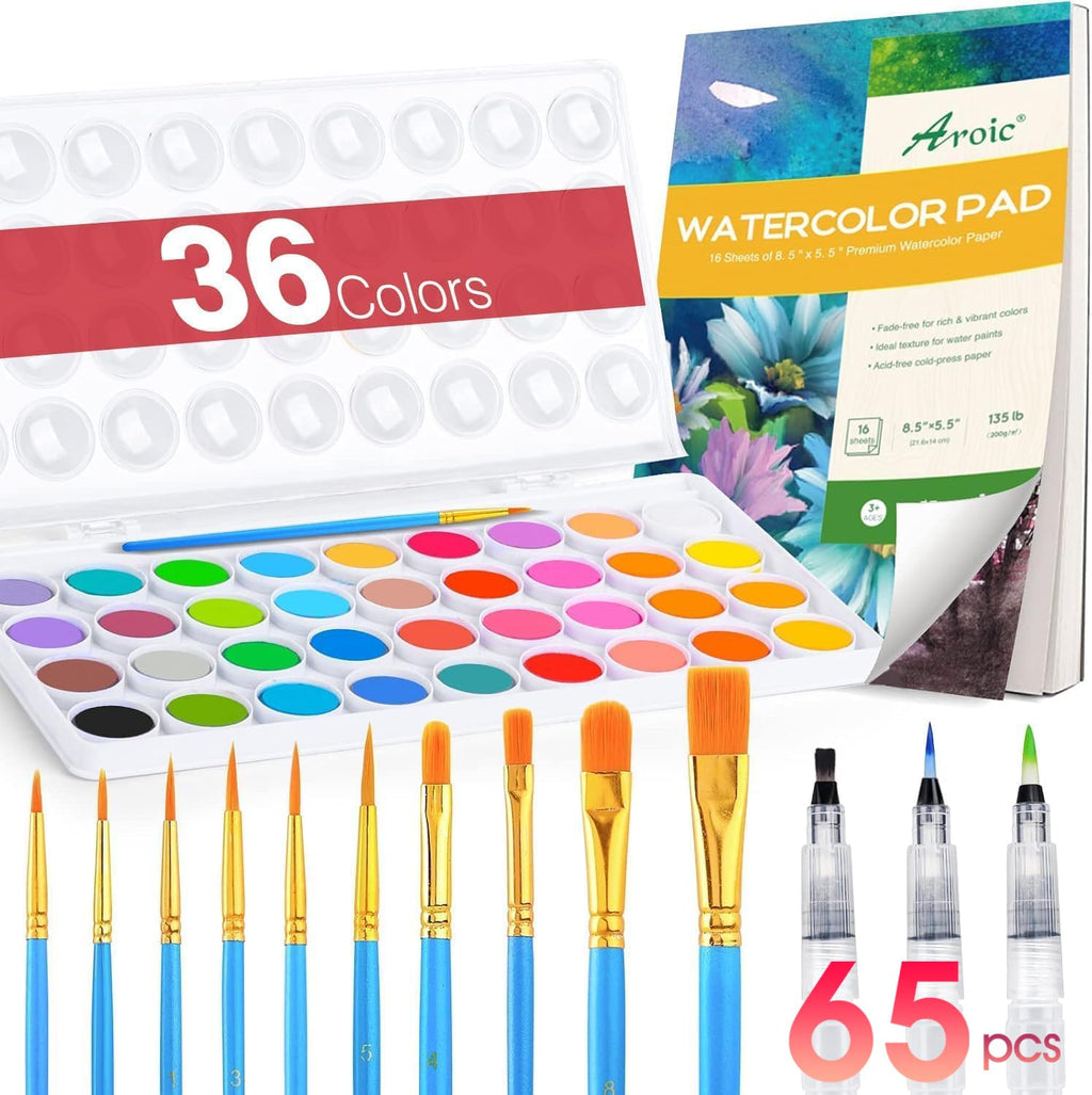 AROIC 65-Piece Watercolor Paint Set – 36 Colors, 10 Brushes, 3 Water Brush Pens, 16-Sheet Pad