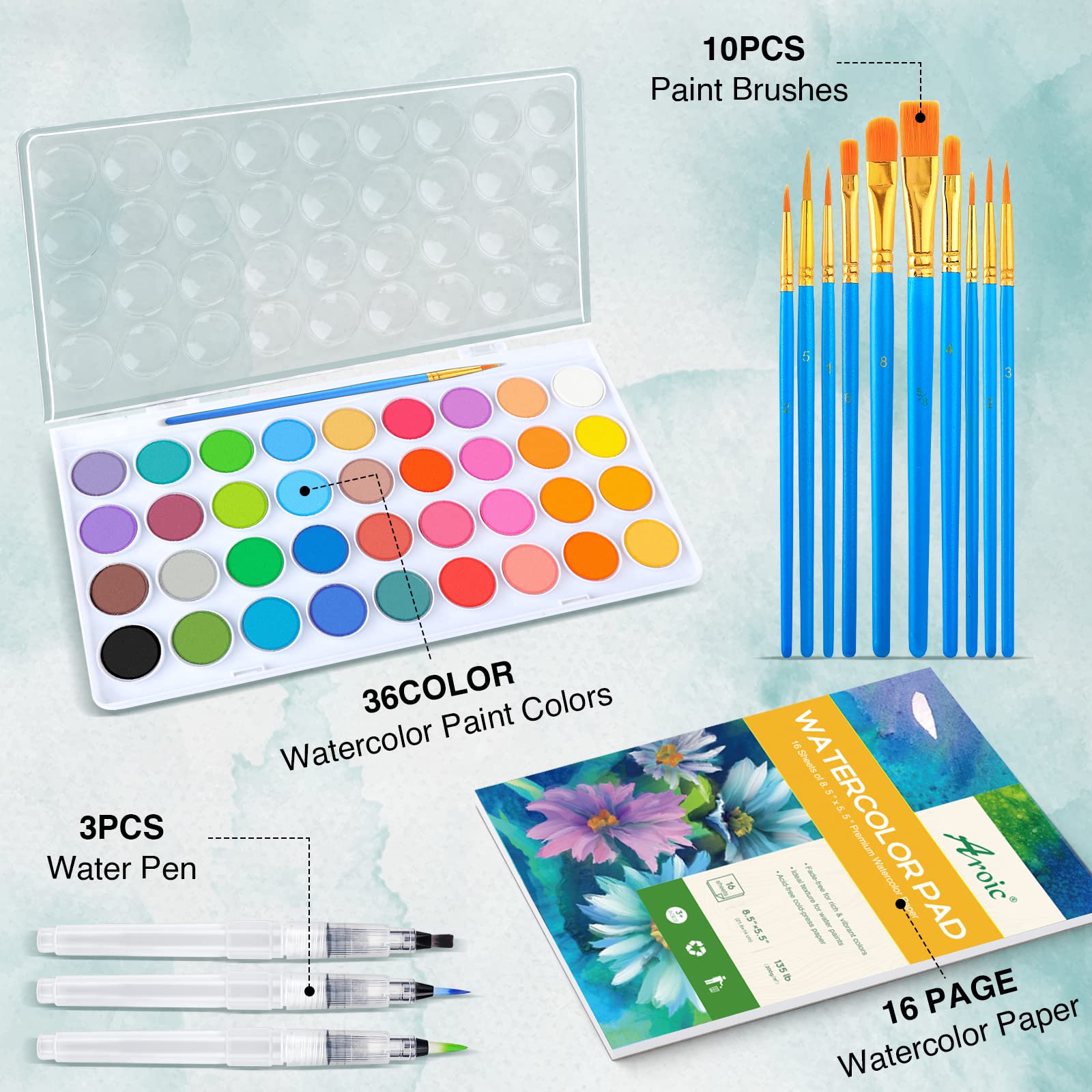 AROIC 65-Piece Watercolor Paint Set – 36 Colors, 10 Brushes, 3 Water Brush Pens, 16-Sheet Pad