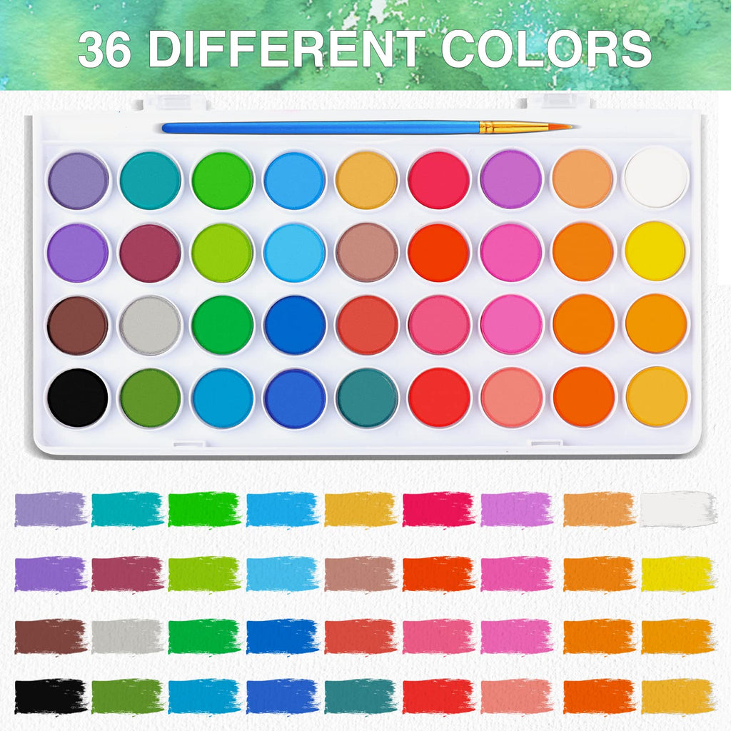 AROIC 65-Piece Watercolor Paint Set – 36 Colors, 10 Brushes, 3 Water Brush Pens, 16-Sheet Pad
