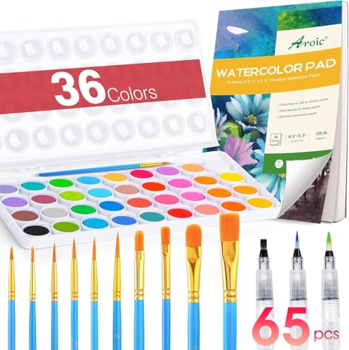 AROIC 65-Piece Watercolor Paint Set – 36 Colors, 10 Brushes, 3 Water Brush Pens, 16-Sheet Pad