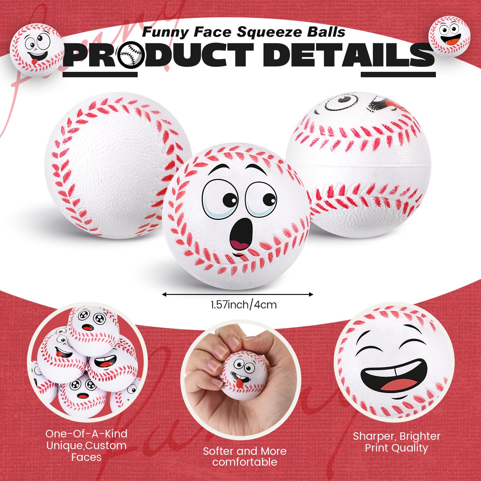 Arrowbash 12 Pack Mini Baseball Stress Balls with Funny Faces - Foam Stress Relief Toys for Party Favors