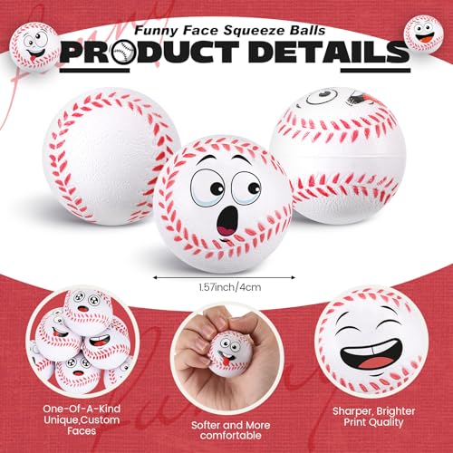 Arrowbash 12 Pack Mini Baseball Stress Balls with Funny Faces - Foam Stress Relief Toys for Party Favors