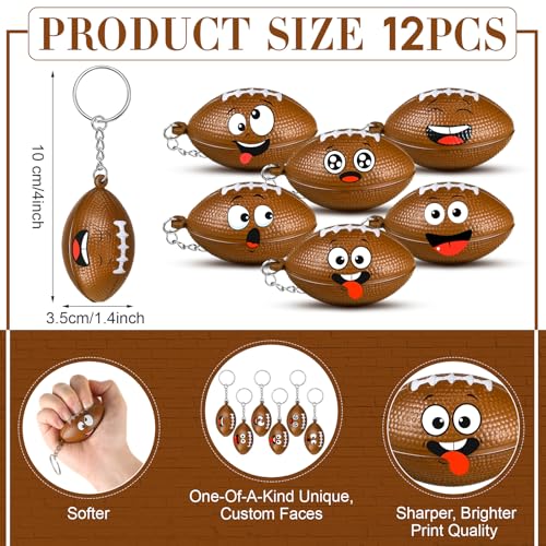 Arrowbash 12 Pack Mini Stress Ball Keychains - Sport Face Design Stress Relief Squeeze Balls for Keychain, Party Favors, Team Gifts (Football)