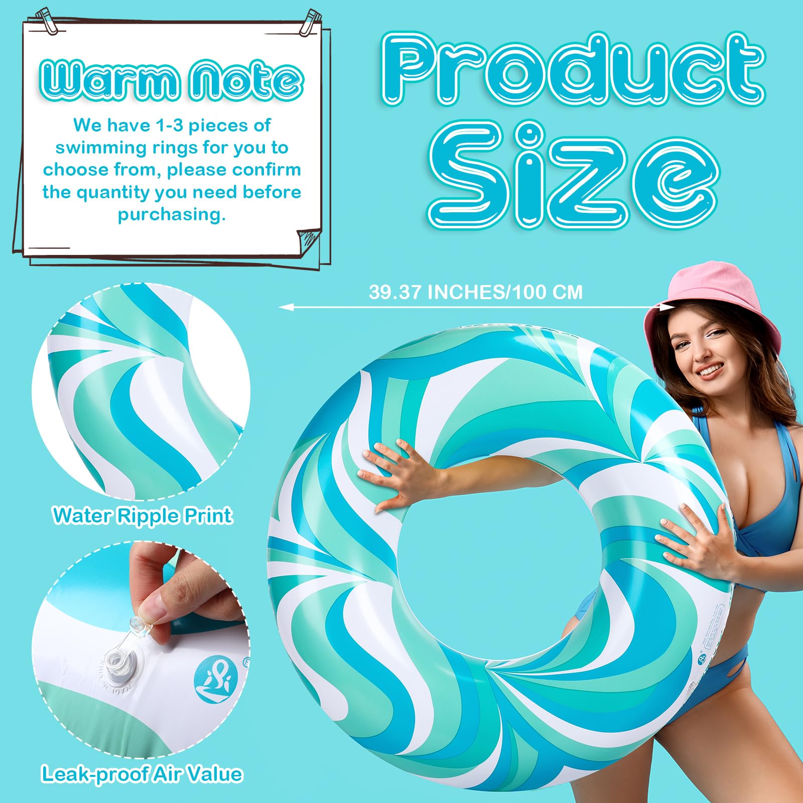 Arrowbash Large Swim Ring for Adults - 39.37" Inflatable Pool Float with Water Ripple Print