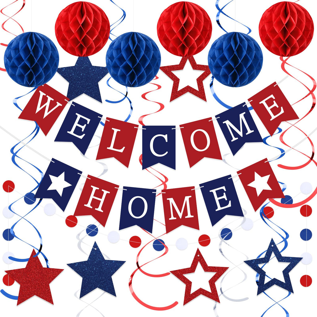 Arrowbash Welcome Home Banner Set with Glitter Stars, Honeycomb Balls, and Streamers – Blue & Red Party Decor