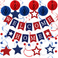 Arrowbash Welcome Home Banner Set with Glitter Stars, Honeycomb Balls, and Streamers – Blue & Red Party Decor