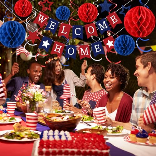 Arrowbash Welcome Home Banner Set with Glitter Stars, Honeycomb Balls, and Streamers – Blue & Red Party Decor