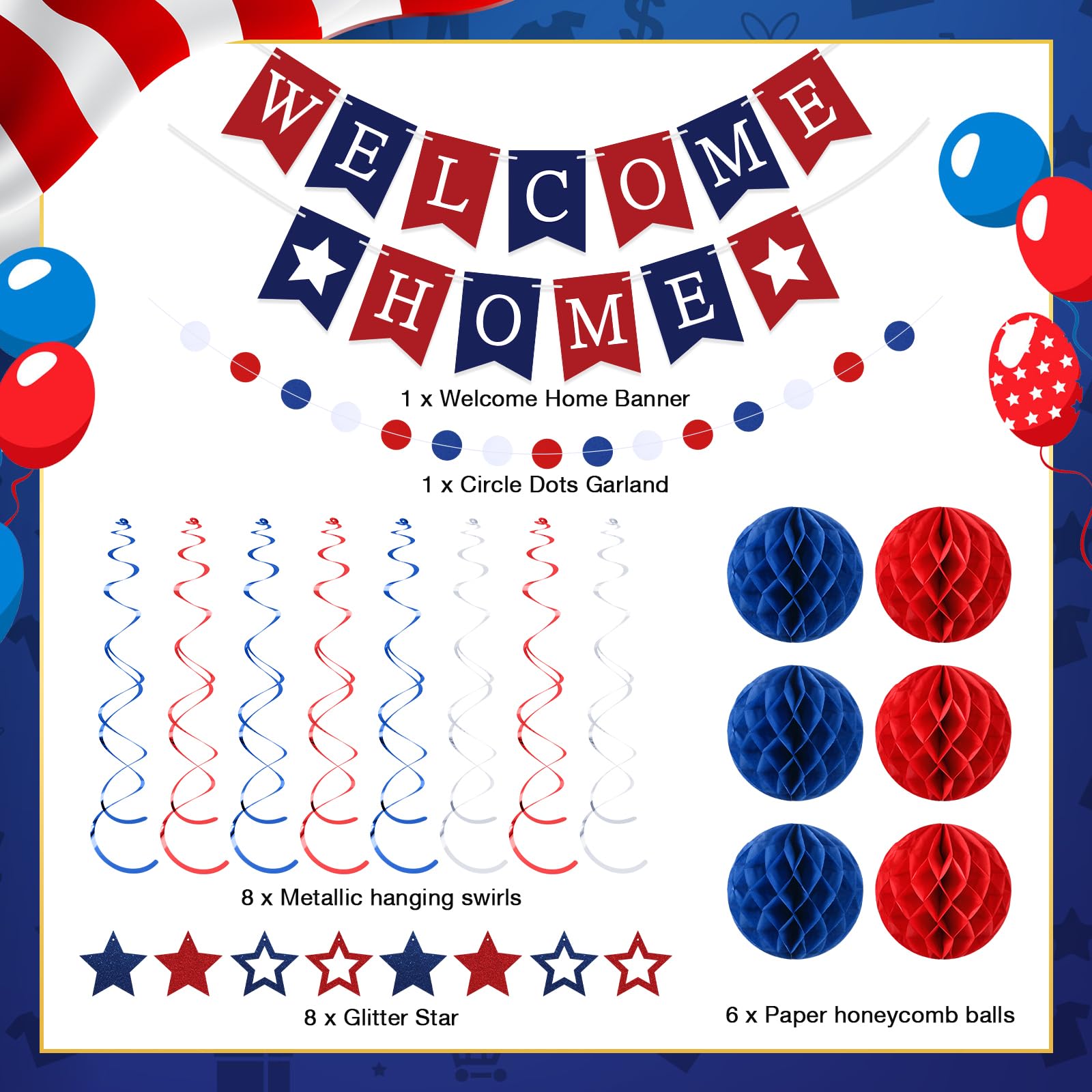 Arrowbash Welcome Home Banner Set with Glitter Stars, Honeycomb Balls, and Streamers – Blue & Red Party Decor