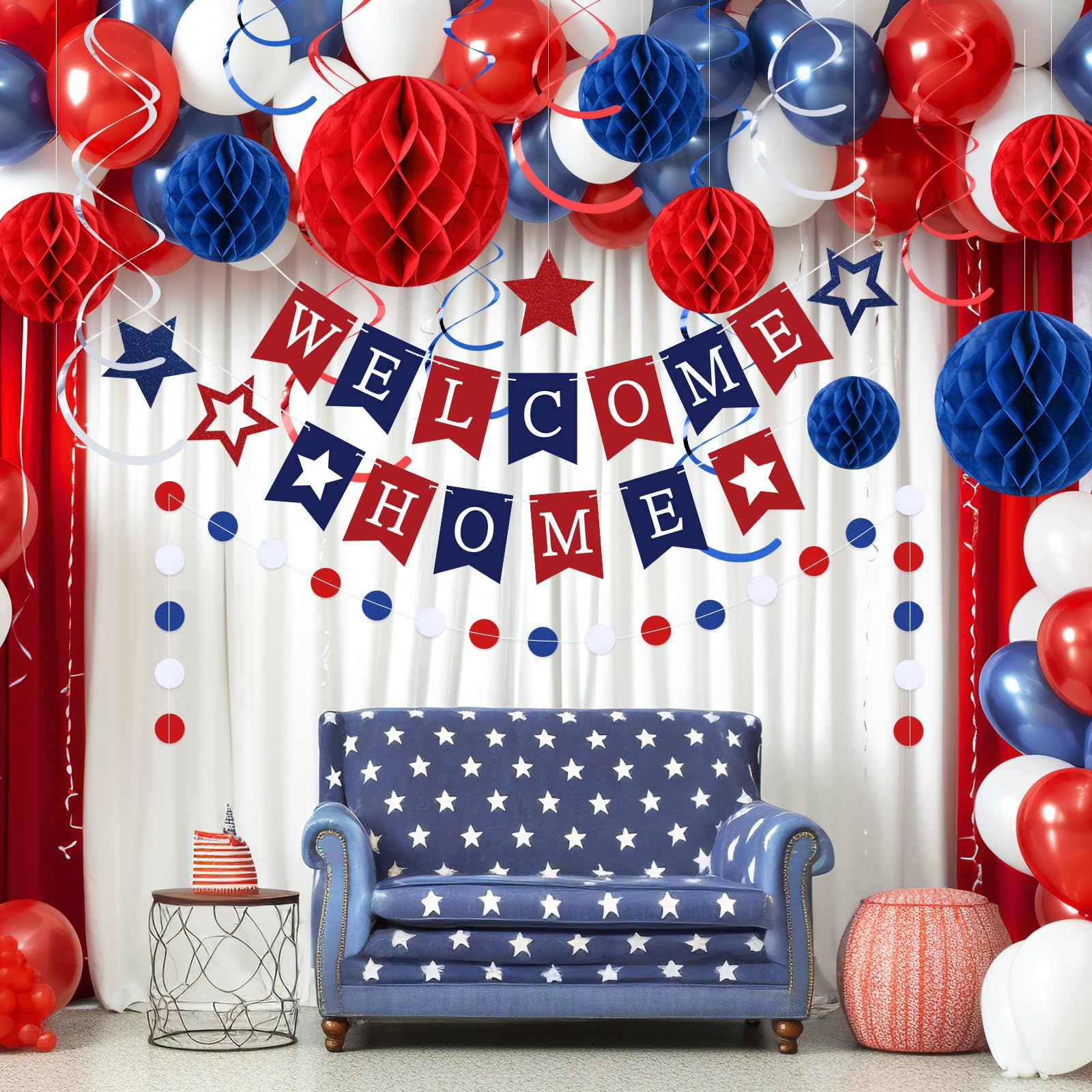 Arrowbash Welcome Home Banner Set with Glitter Stars, Honeycomb Balls, and Streamers – Blue & Red Party Decor