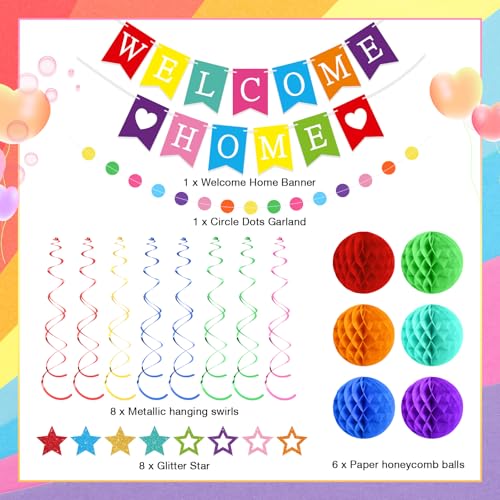 Arrowbash Welcome Home Decorations Set with Glitter Stars, Honeycomb Balls, and Garland for Homecoming Party