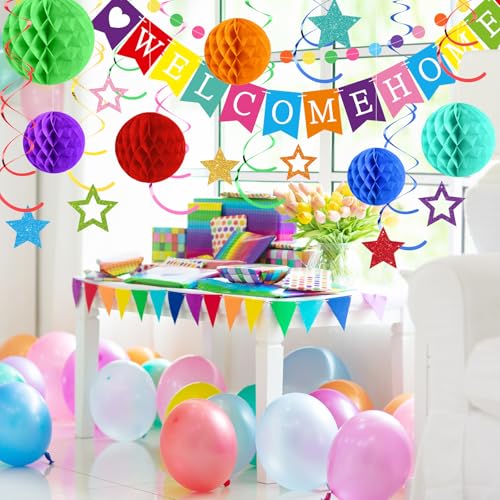 Arrowbash Welcome Home Decorations Set with Glitter Stars, Honeycomb Balls, and Garland for Homecoming Party