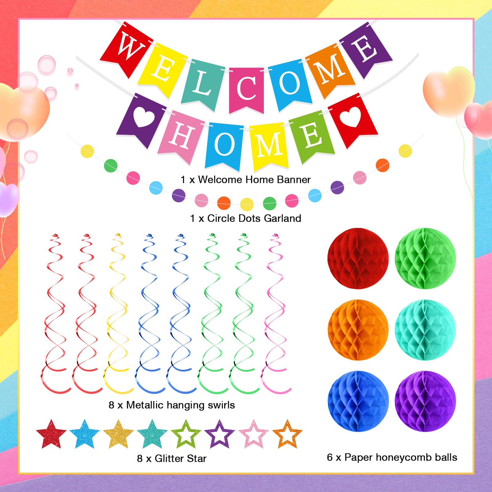 Arrowbash Welcome Home Decorations Set with Glitter Stars, Honeycomb Balls, and Garland for Homecoming Party