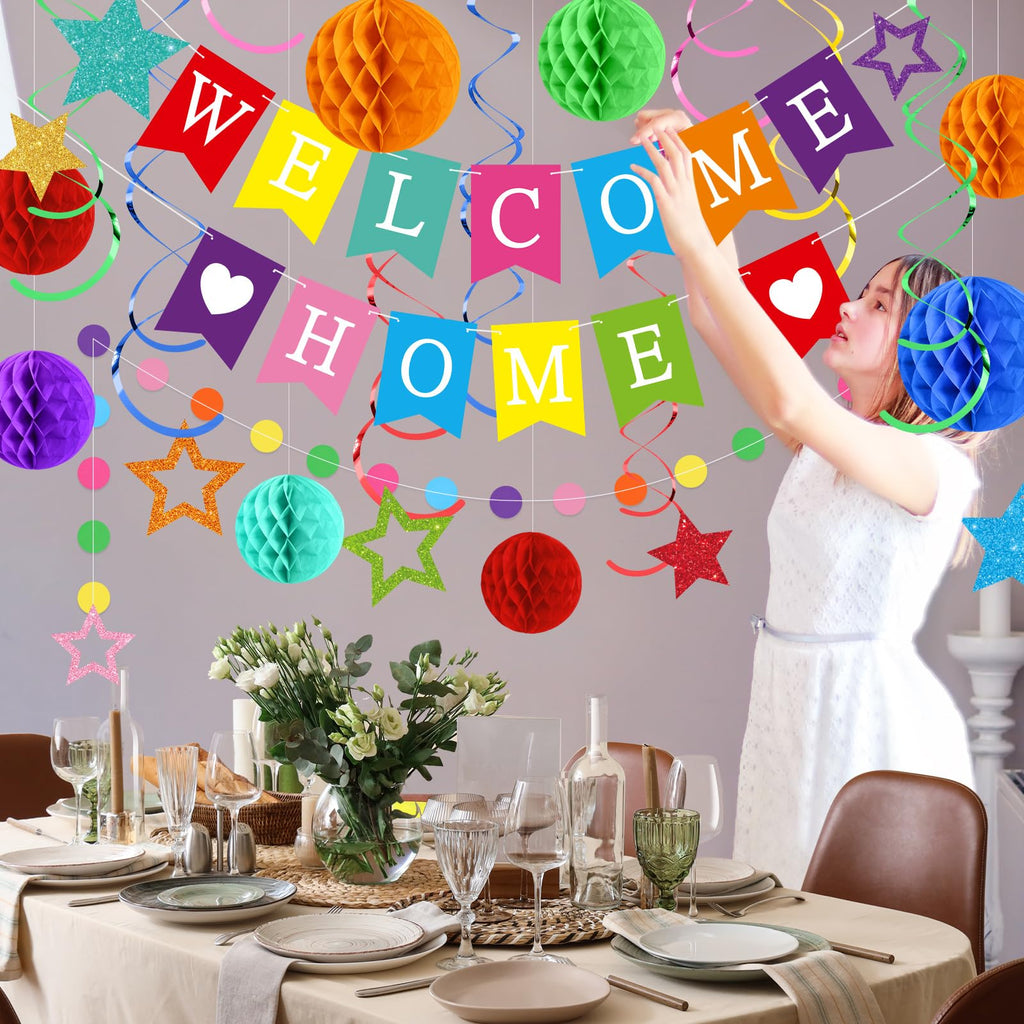 Arrowbash Welcome Home Decorations Set with Glitter Stars, Honeycomb Balls, and Garland for Homecoming Party