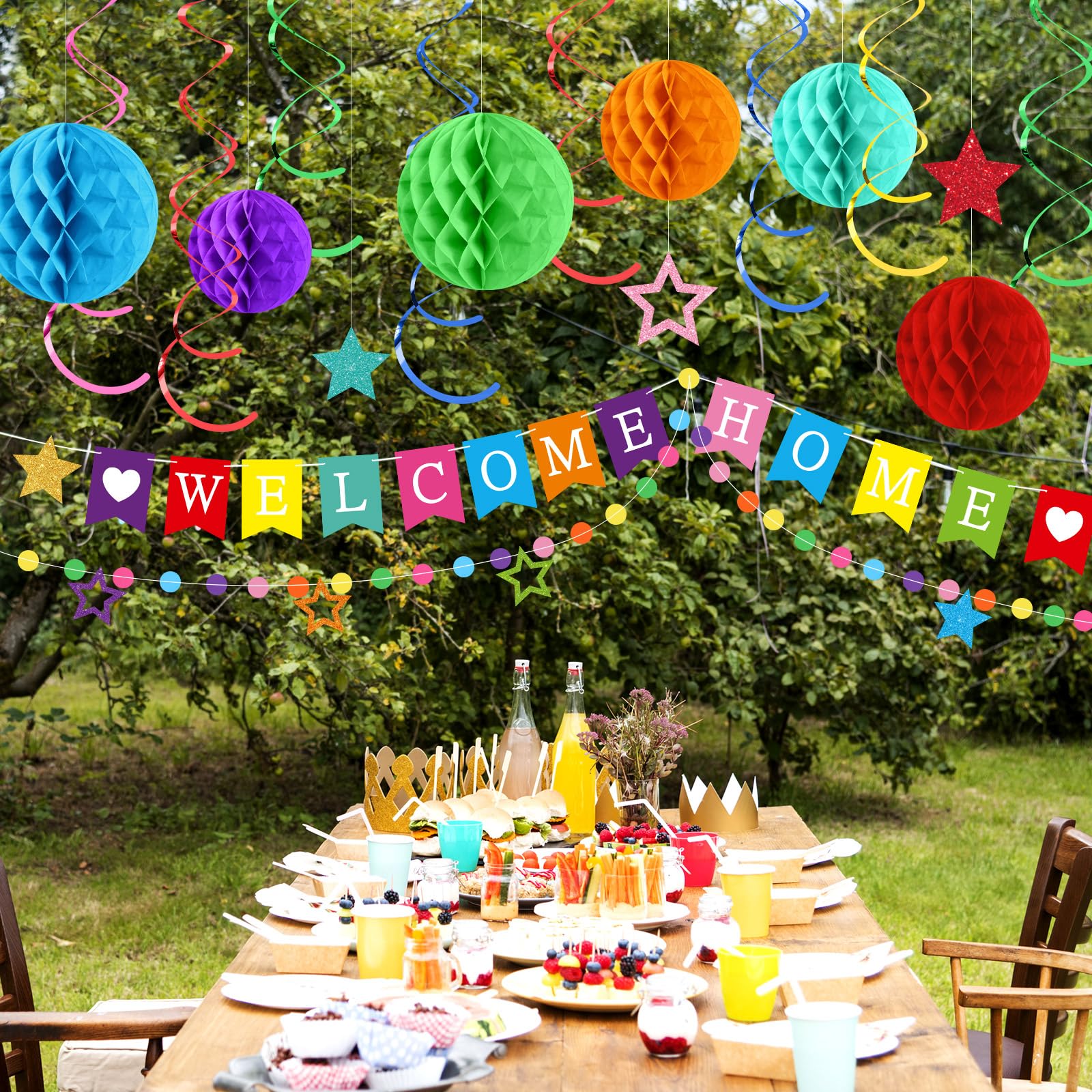 Arrowbash Welcome Home Decorations Set with Glitter Stars, Honeycomb Balls, and Garland for Homecoming Party